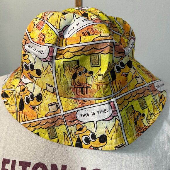 "This is fine" Dog Meme Bucket Fishing Hat - Possibly One of a Kind - Picture 3 of 4